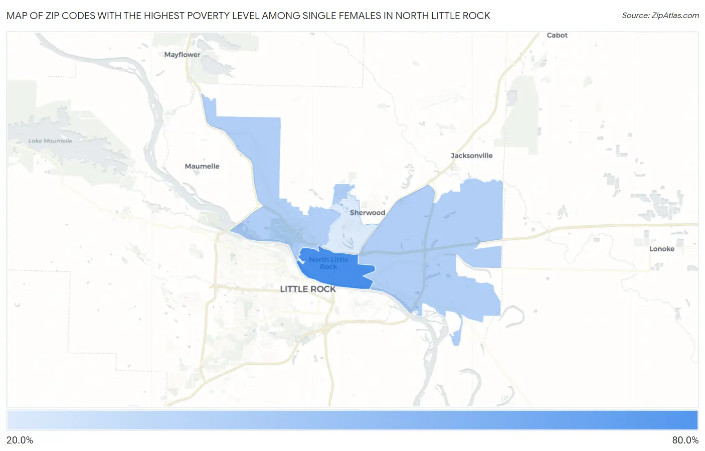 Zip Codes with the Highest Poverty Level Among Single Females in North Little Rock Map