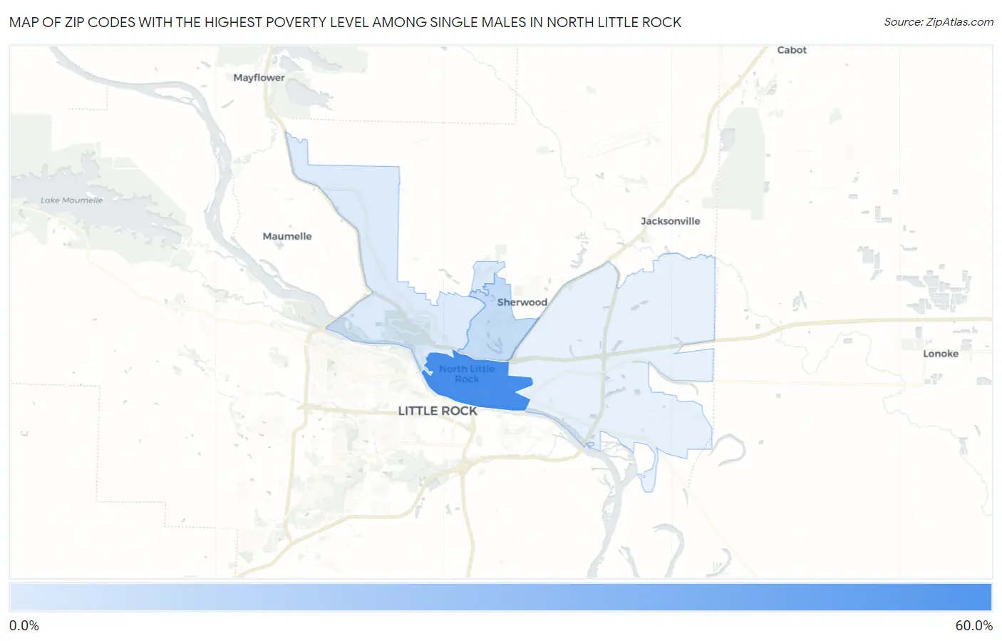 Zip Codes with the Highest Poverty Level Among Single Males in North Little Rock Map