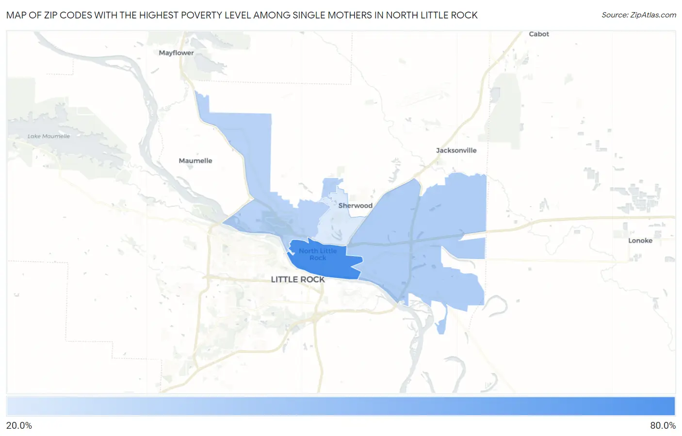 Zip Codes with the Highest Poverty Level Among Single Mothers in North Little Rock Map