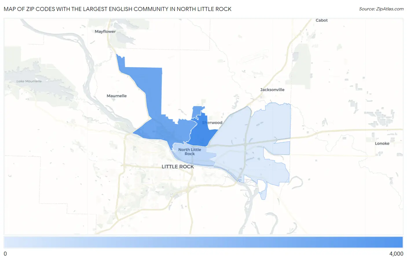Zip Codes with the Largest English Community in North Little Rock Map