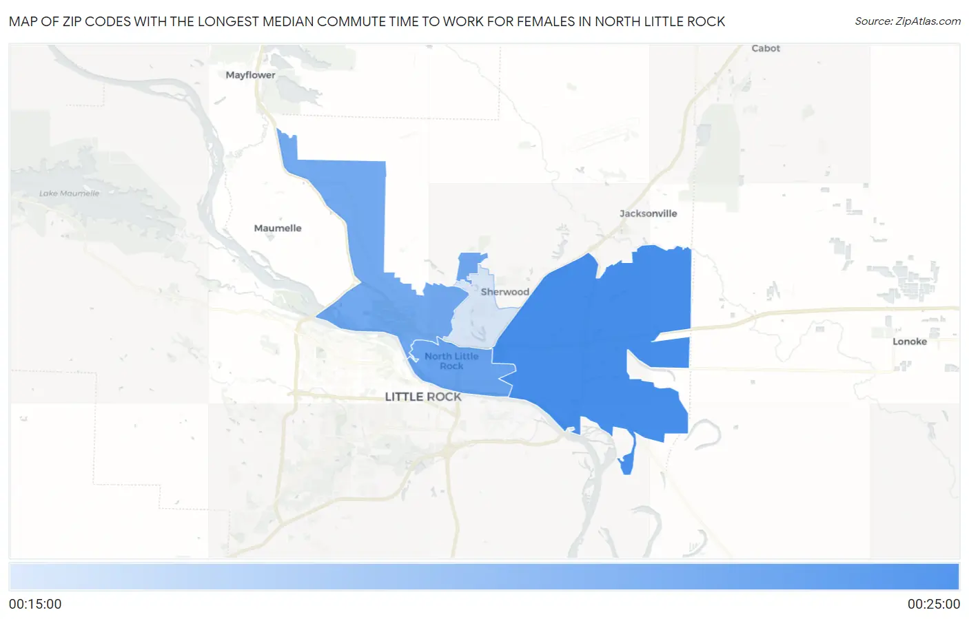 Zip Codes with the Longest Median Commute Time to Work for Females in North Little Rock Map