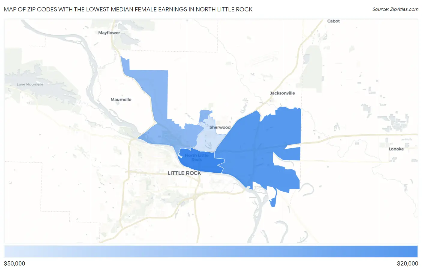 Zip Codes with the Lowest Median Female Earnings in North Little Rock Map