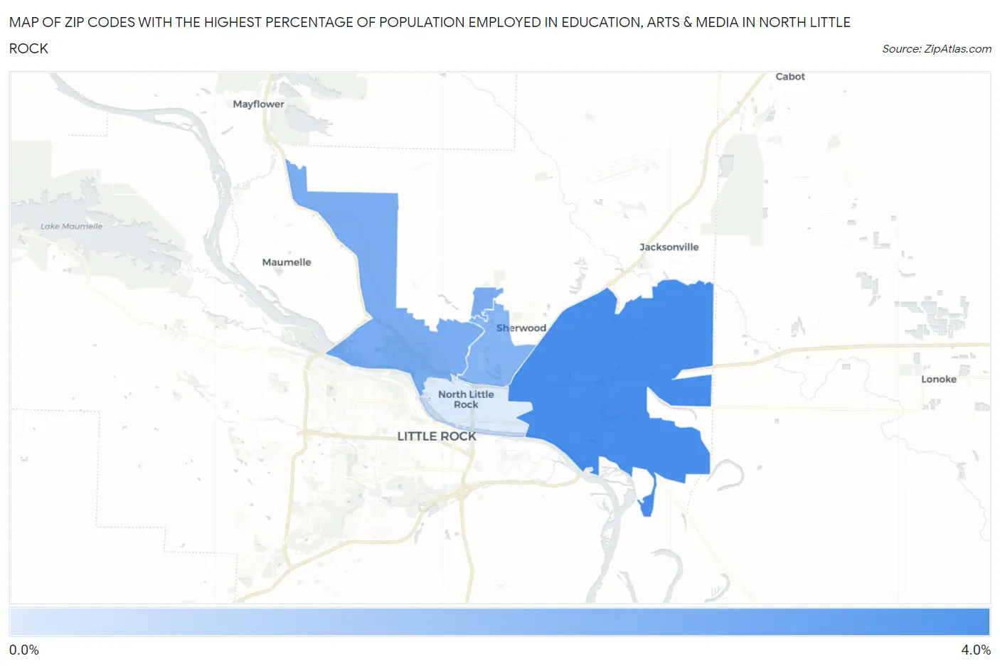 Zip Codes with the Highest Percentage of Population Employed in Education, Arts & Media in North Little Rock Map