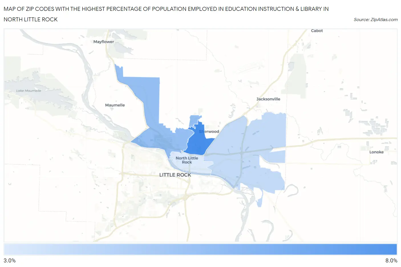 Zip Codes with the Highest Percentage of Population Employed in Education Instruction & Library in North Little Rock Map