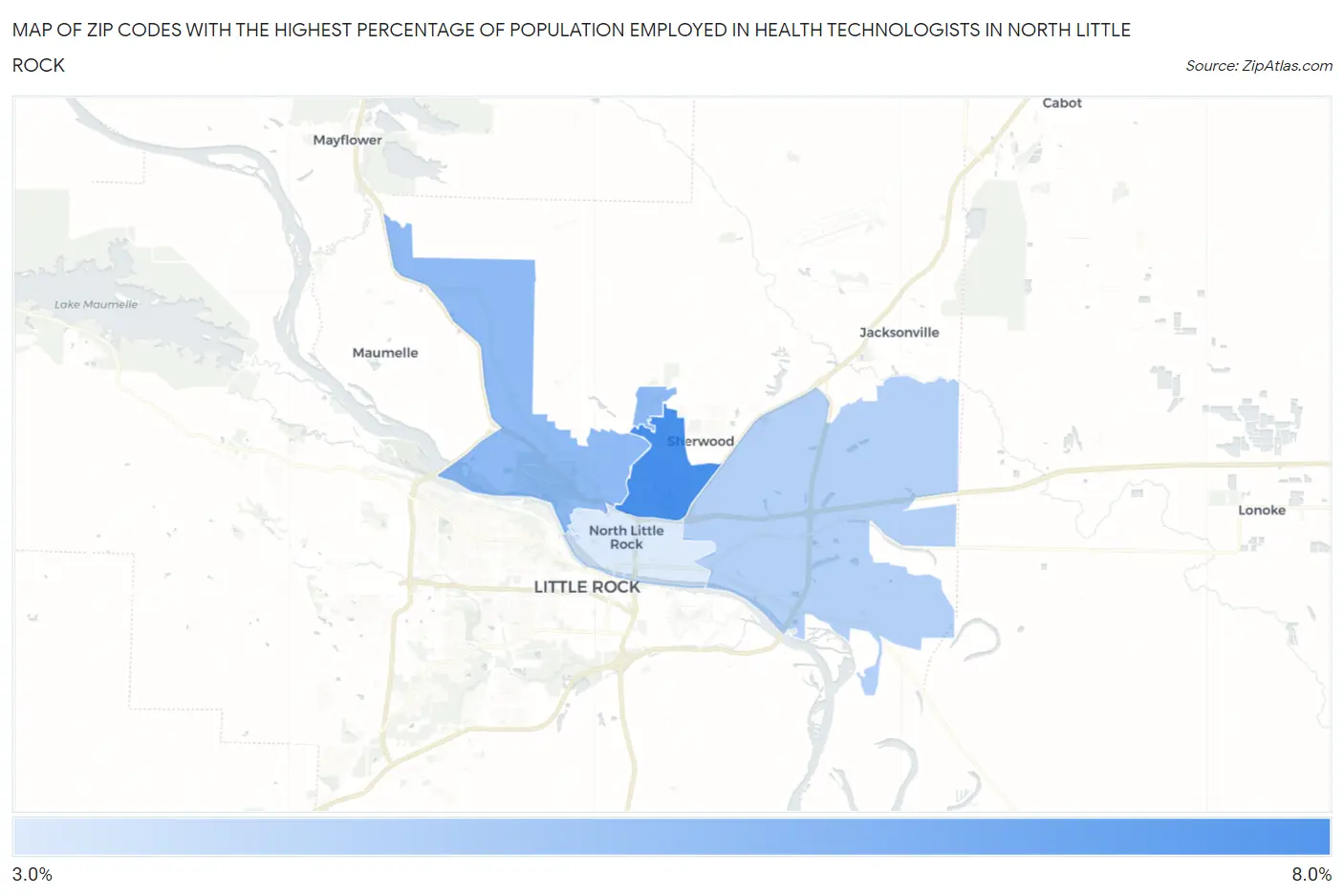 Zip Codes with the Highest Percentage of Population Employed in Health Technologists in North Little Rock Map