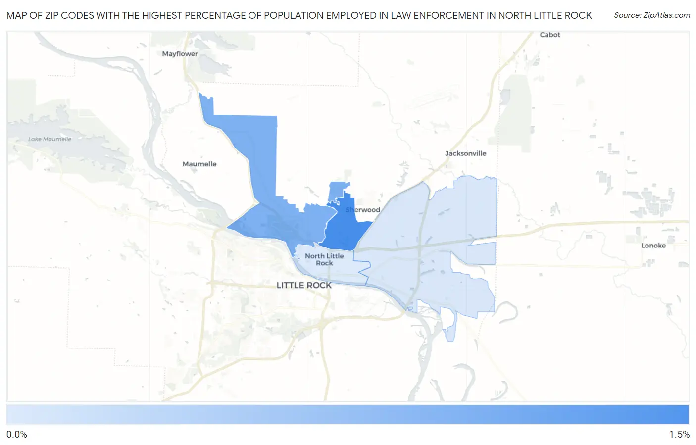 Zip Codes with the Highest Percentage of Population Employed in Law Enforcement in North Little Rock Map