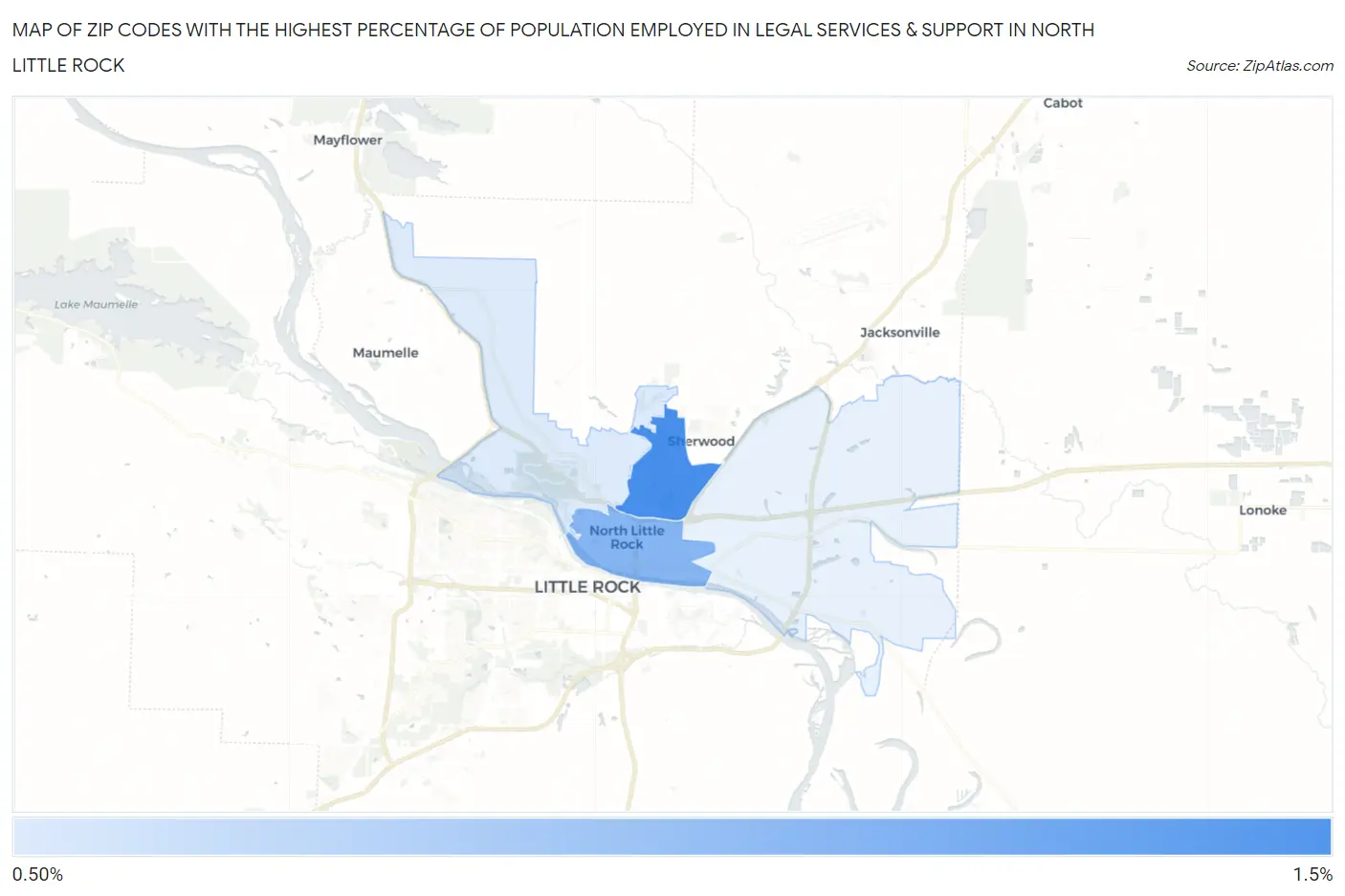 Zip Codes with the Highest Percentage of Population Employed in Legal Services & Support in North Little Rock Map