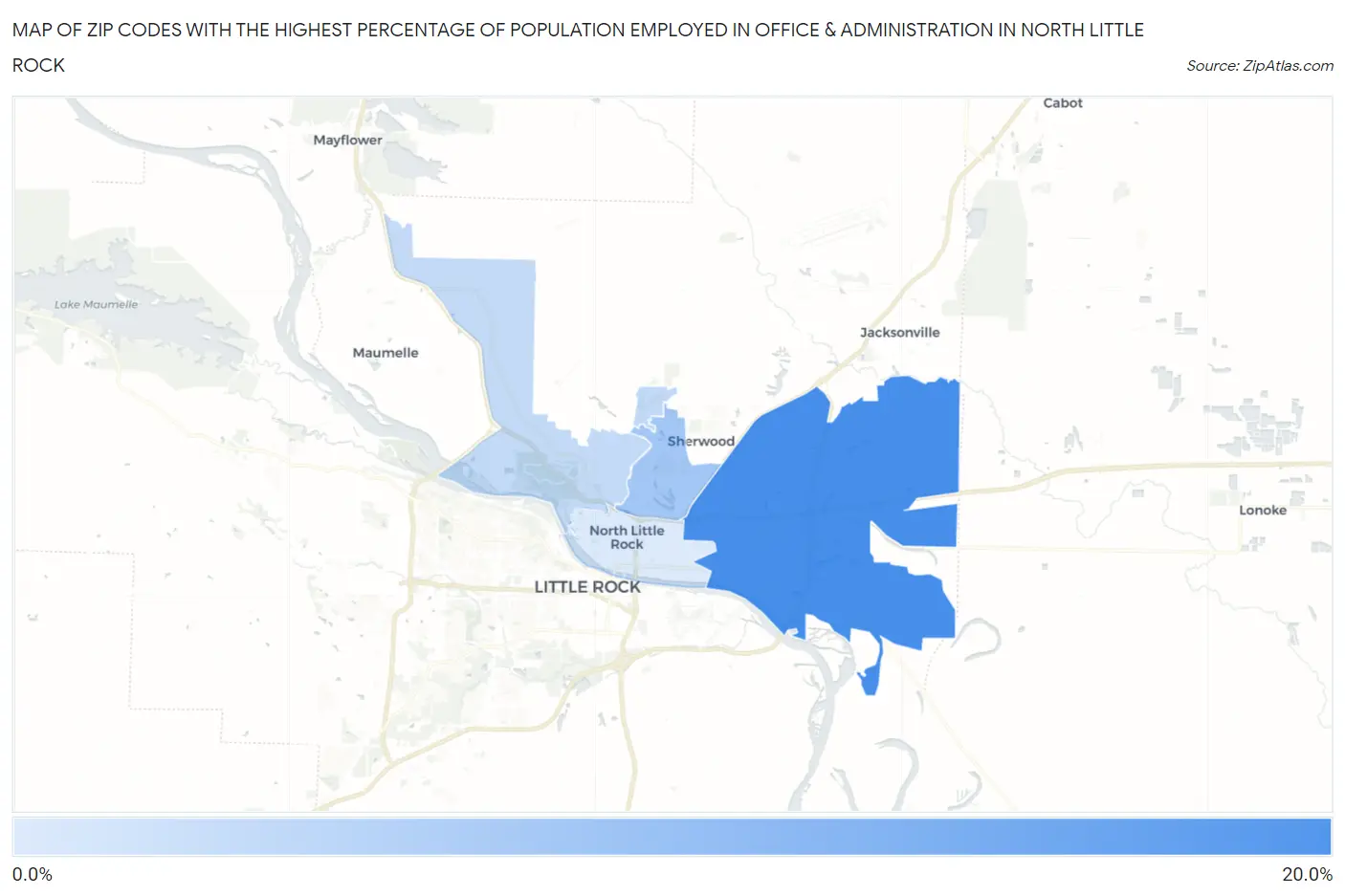 Zip Codes with the Highest Percentage of Population Employed in Office & Administration in North Little Rock Map