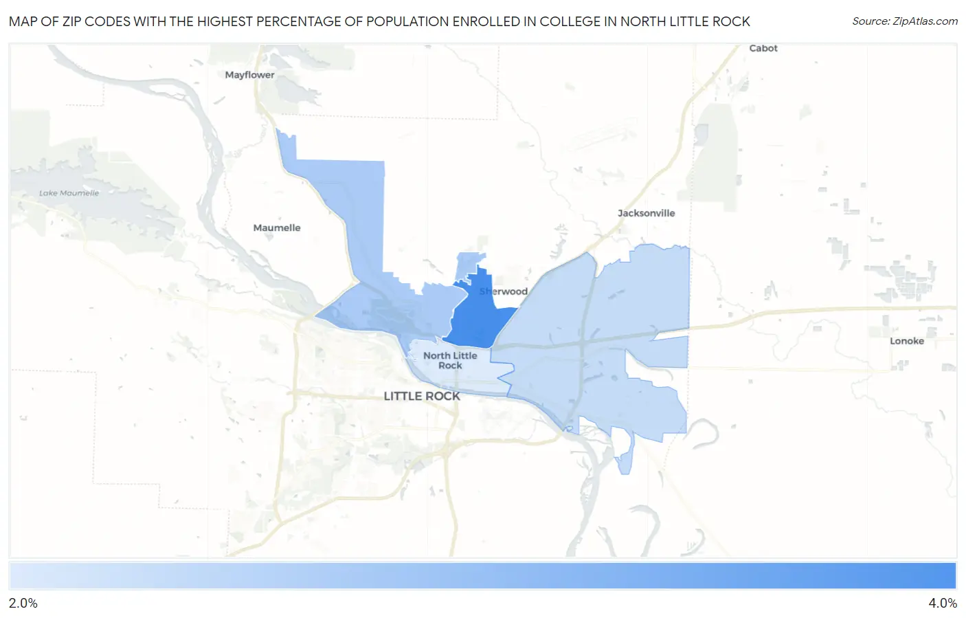 Zip Codes with the Highest Percentage of Population Enrolled in College in North Little Rock Map