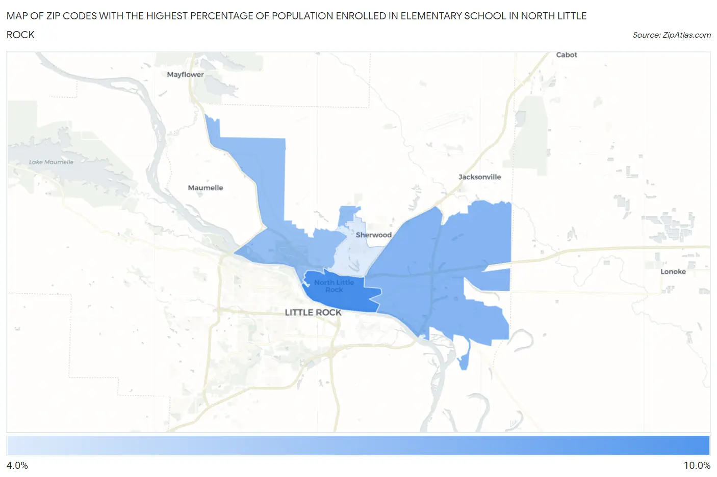 Zip Codes with the Highest Percentage of Population Enrolled in Elementary School in North Little Rock Map