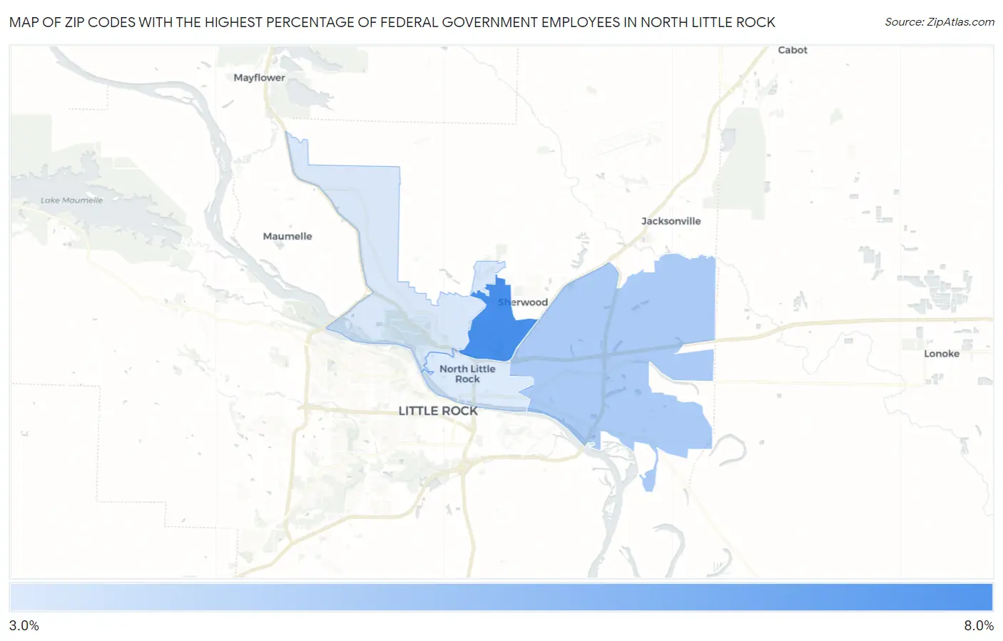 Zip Codes with the Highest Percentage of Federal Government Employees in North Little Rock Map