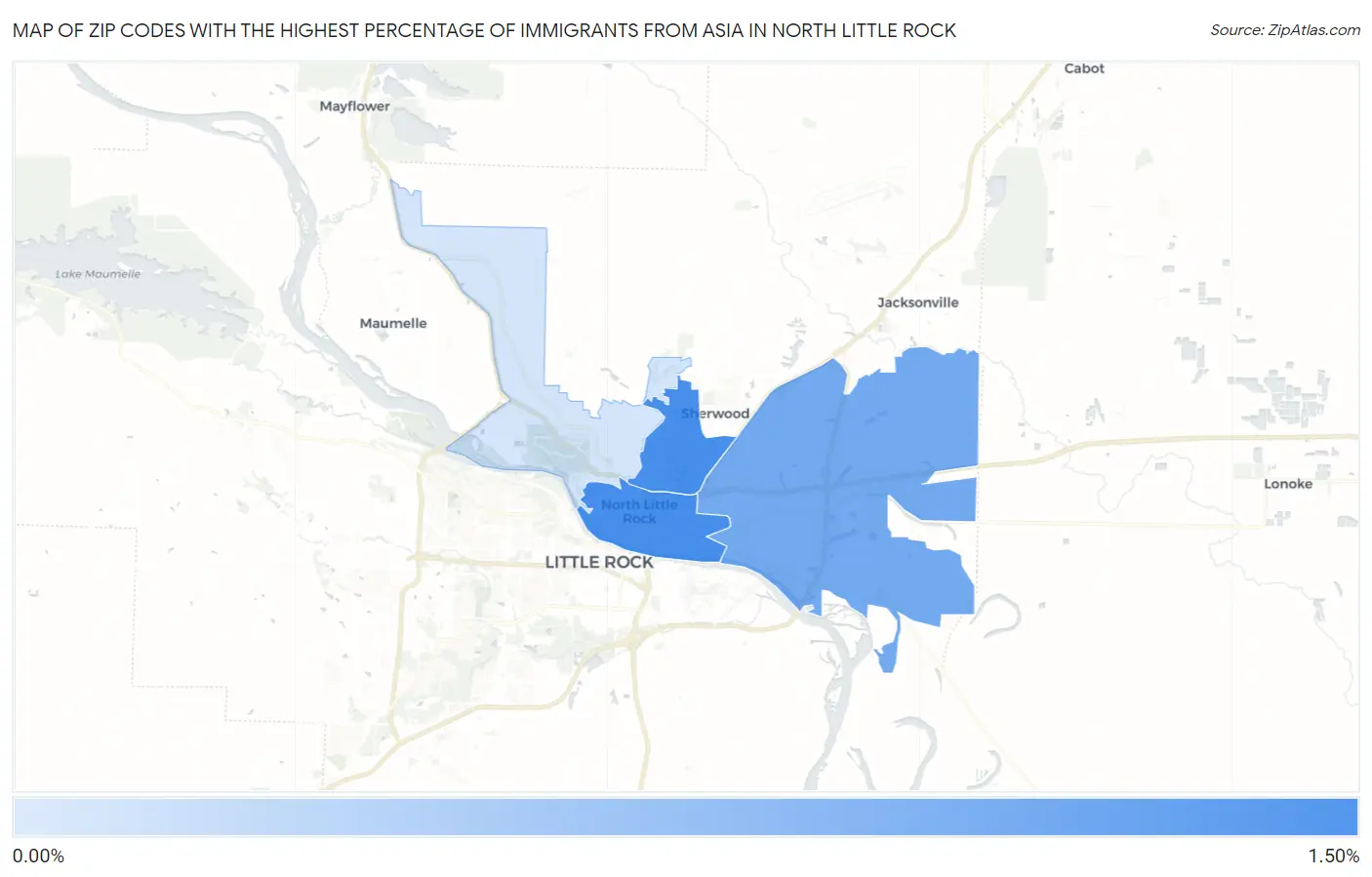 Zip Codes with the Highest Percentage of Immigrants from Asia in North Little Rock Map