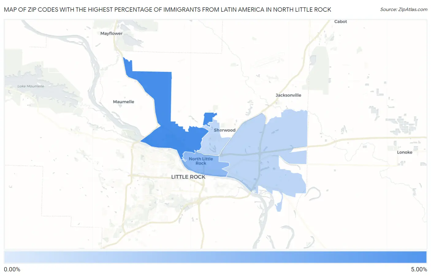 Zip Codes with the Highest Percentage of Immigrants from Latin America in North Little Rock Map
