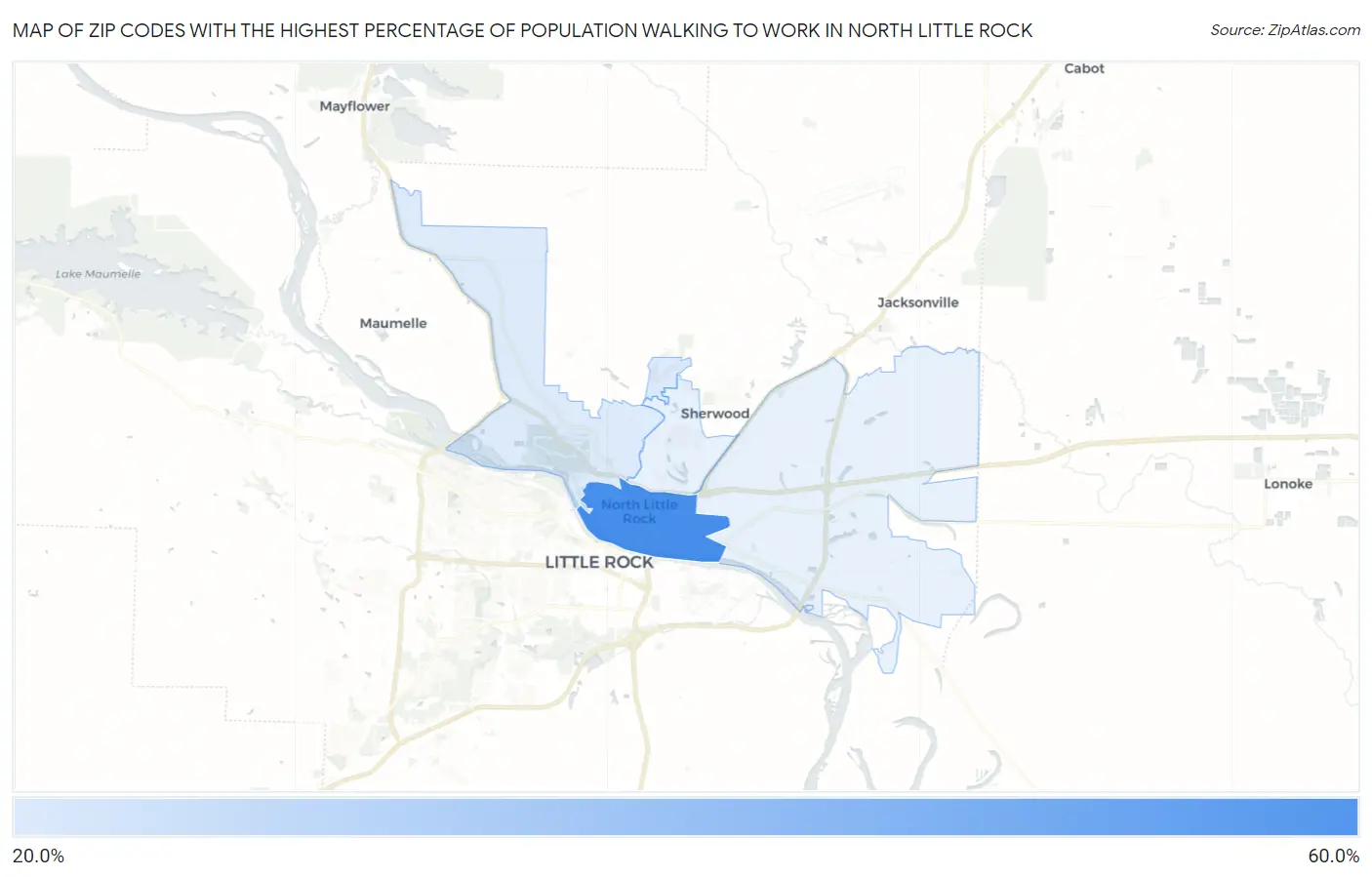 Zip Codes with the Highest Percentage of Population Walking to Work in North Little Rock Map