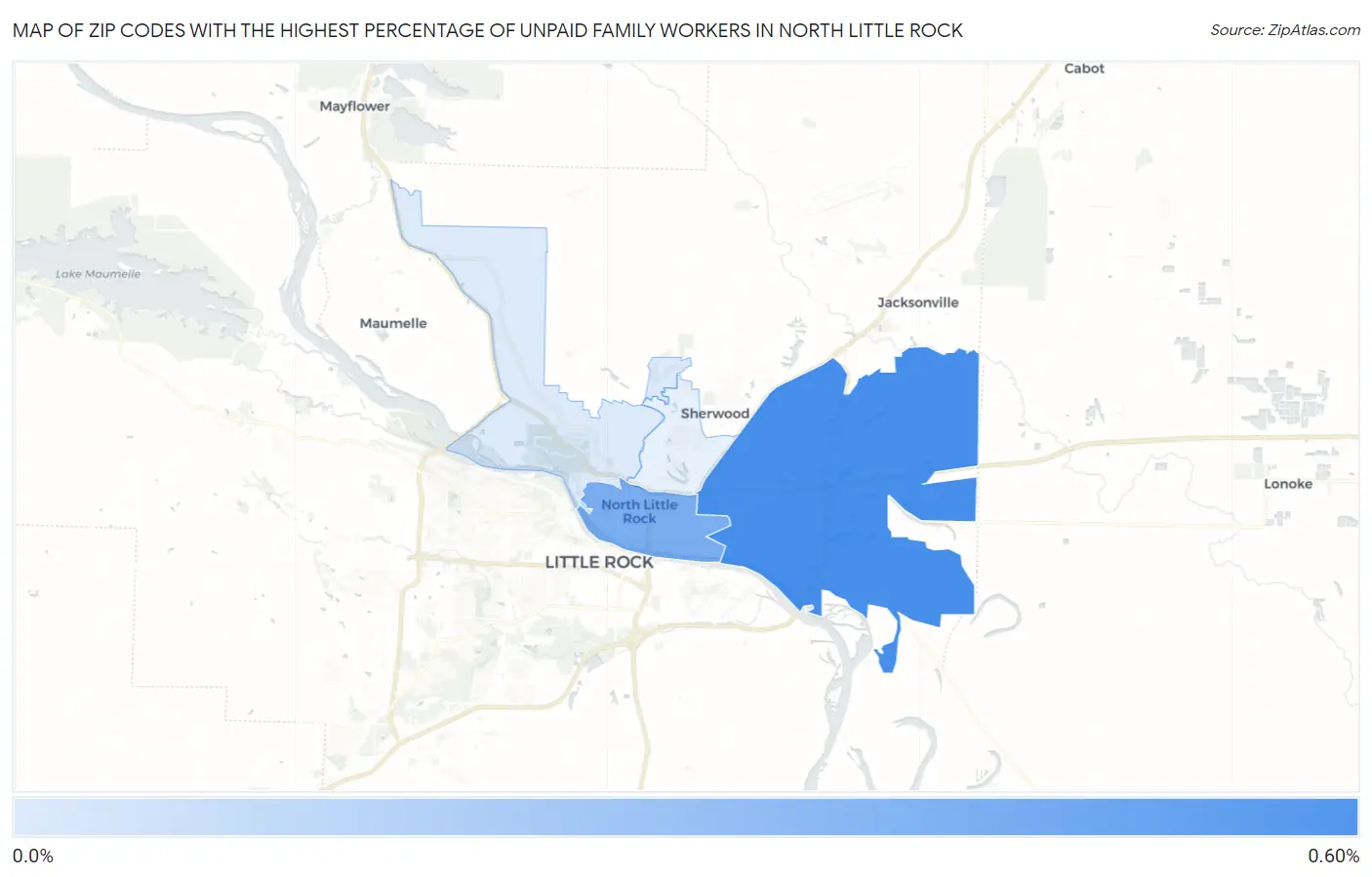 Zip Codes with the Highest Percentage of Unpaid Family Workers in North Little Rock Map