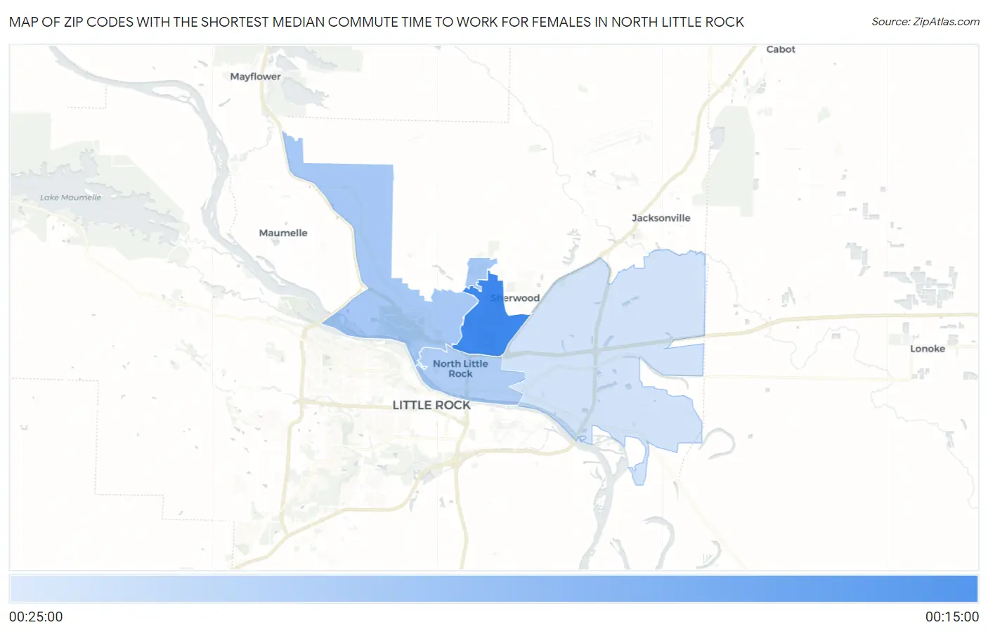 Zip Codes with the Shortest Median Commute Time to Work for Females in North Little Rock Map