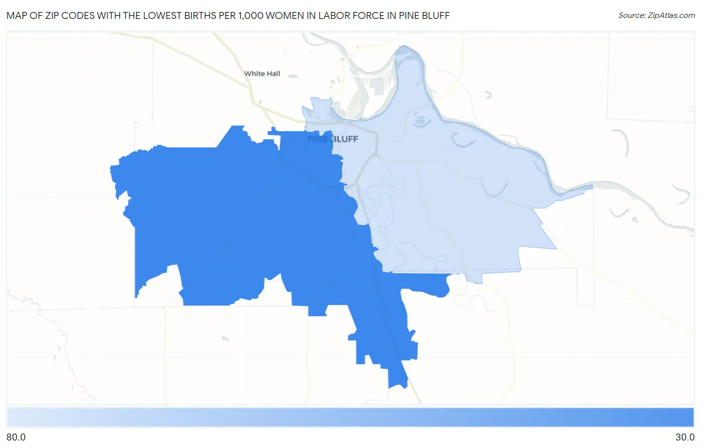 Zip Codes with the Lowest Births per 1,000 Women in Labor Force in Pine Bluff Map