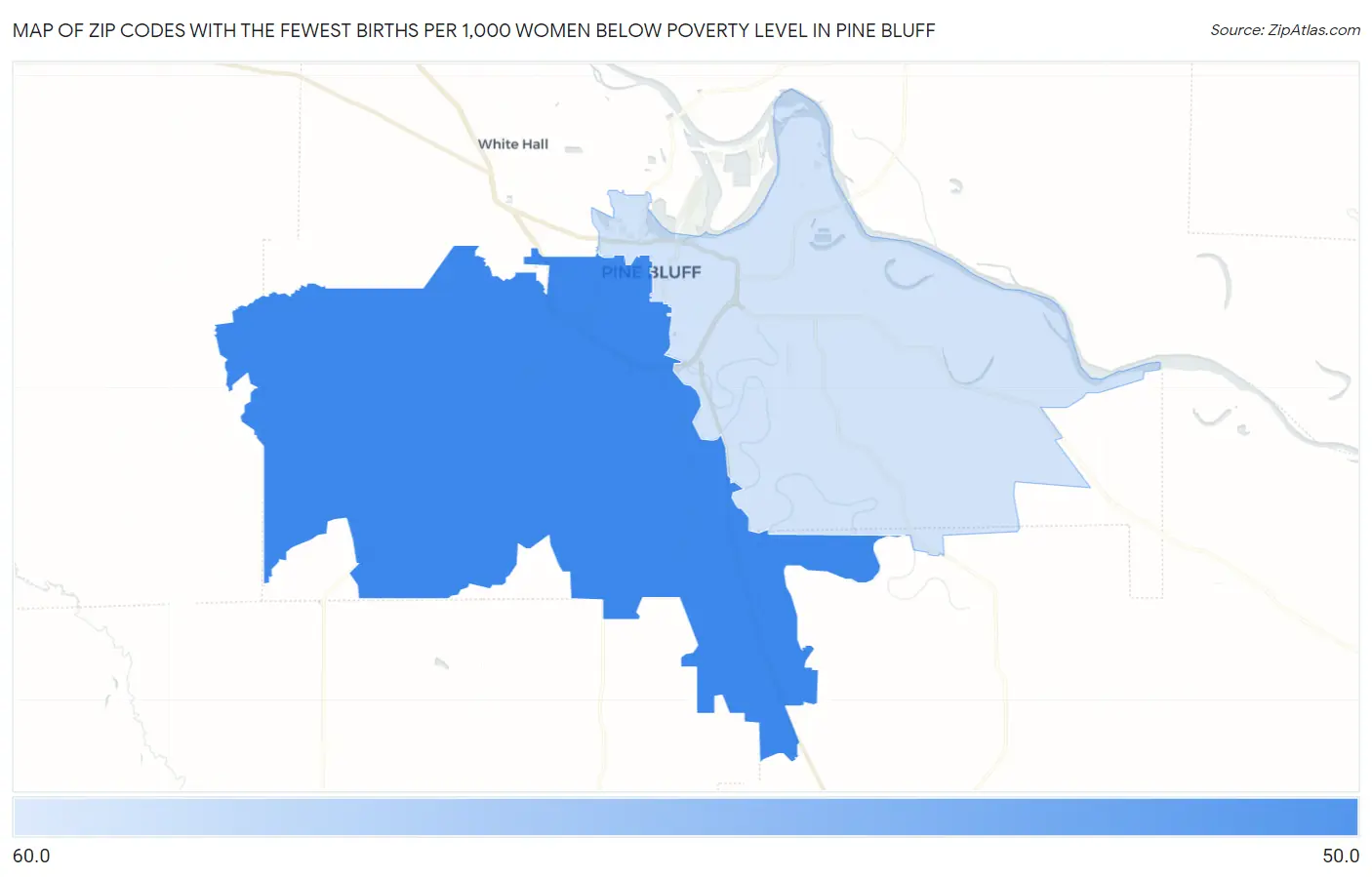 Zip Codes with the Fewest Births per 1,000 Women Below Poverty Level in Pine Bluff Map