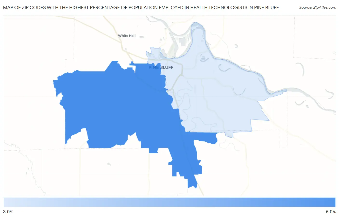 Zip Codes with the Highest Percentage of Population Employed in Health Technologists in Pine Bluff Map