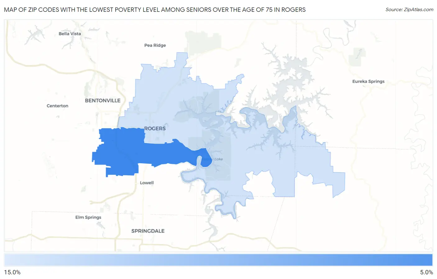 Zip Codes with the Lowest Poverty Level Among Seniors Over the Age of 75 in Rogers Map