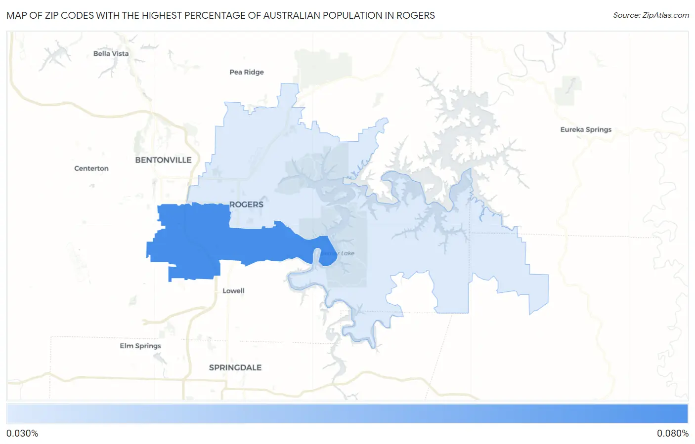 Zip Codes with the Highest Percentage of Australian Population in Rogers Map