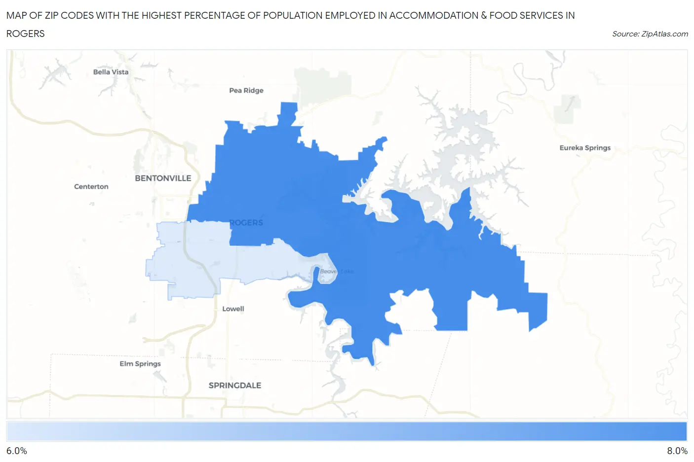Zip Codes with the Highest Percentage of Population Employed in Accommodation & Food Services in Rogers Map