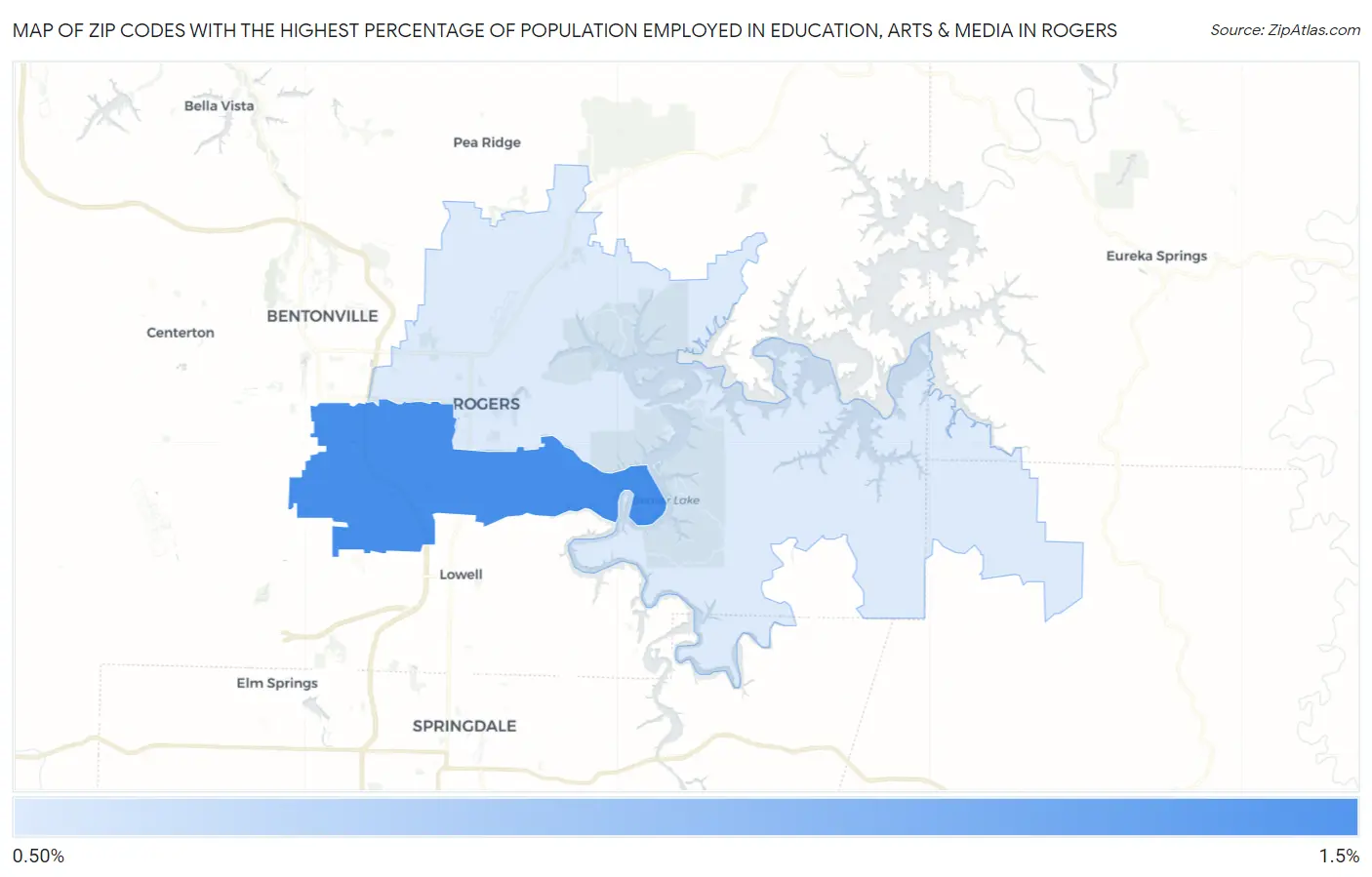 Zip Codes with the Highest Percentage of Population Employed in Education, Arts & Media in Rogers Map