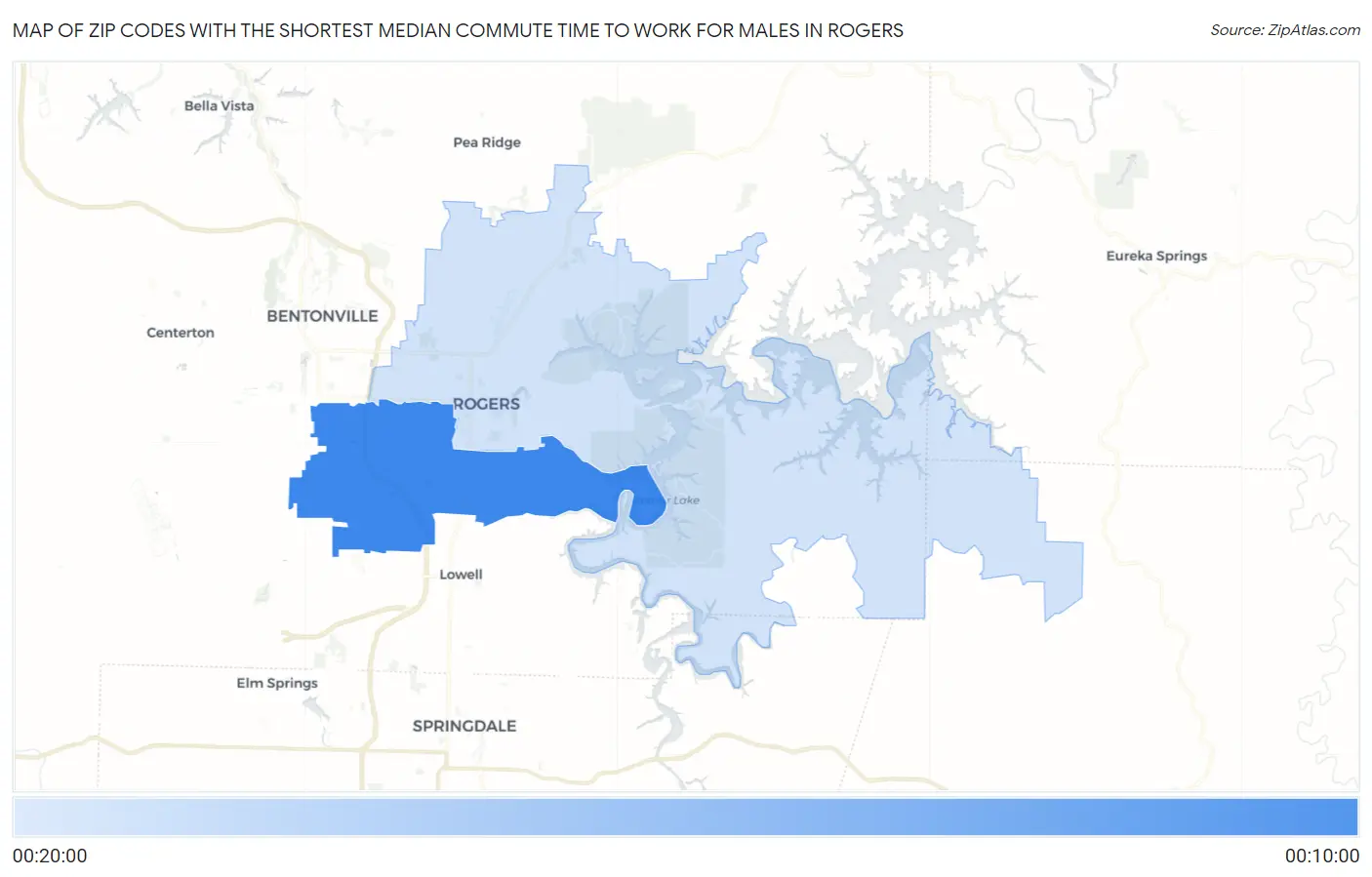 Zip Codes with the Shortest Median Commute Time to Work for Males in Rogers Map