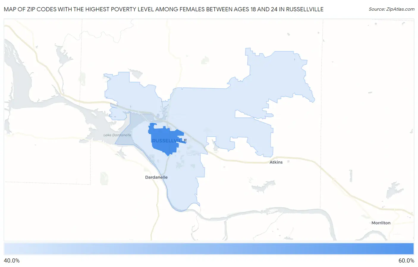Zip Codes with the Highest Poverty Level Among Females Between Ages 18 and 24 in Russellville Map
