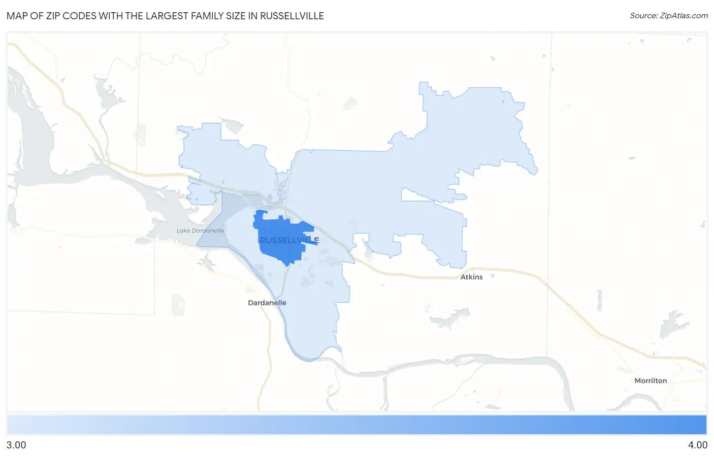 Zip Codes with the Largest Family Size in Russellville Map