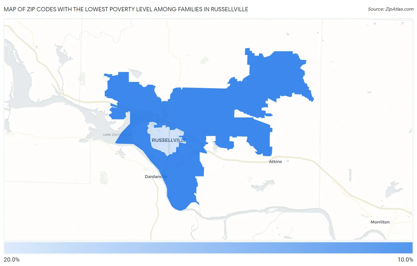 Zip Codes with the Lowest Poverty Level Among Families in Russellville Map