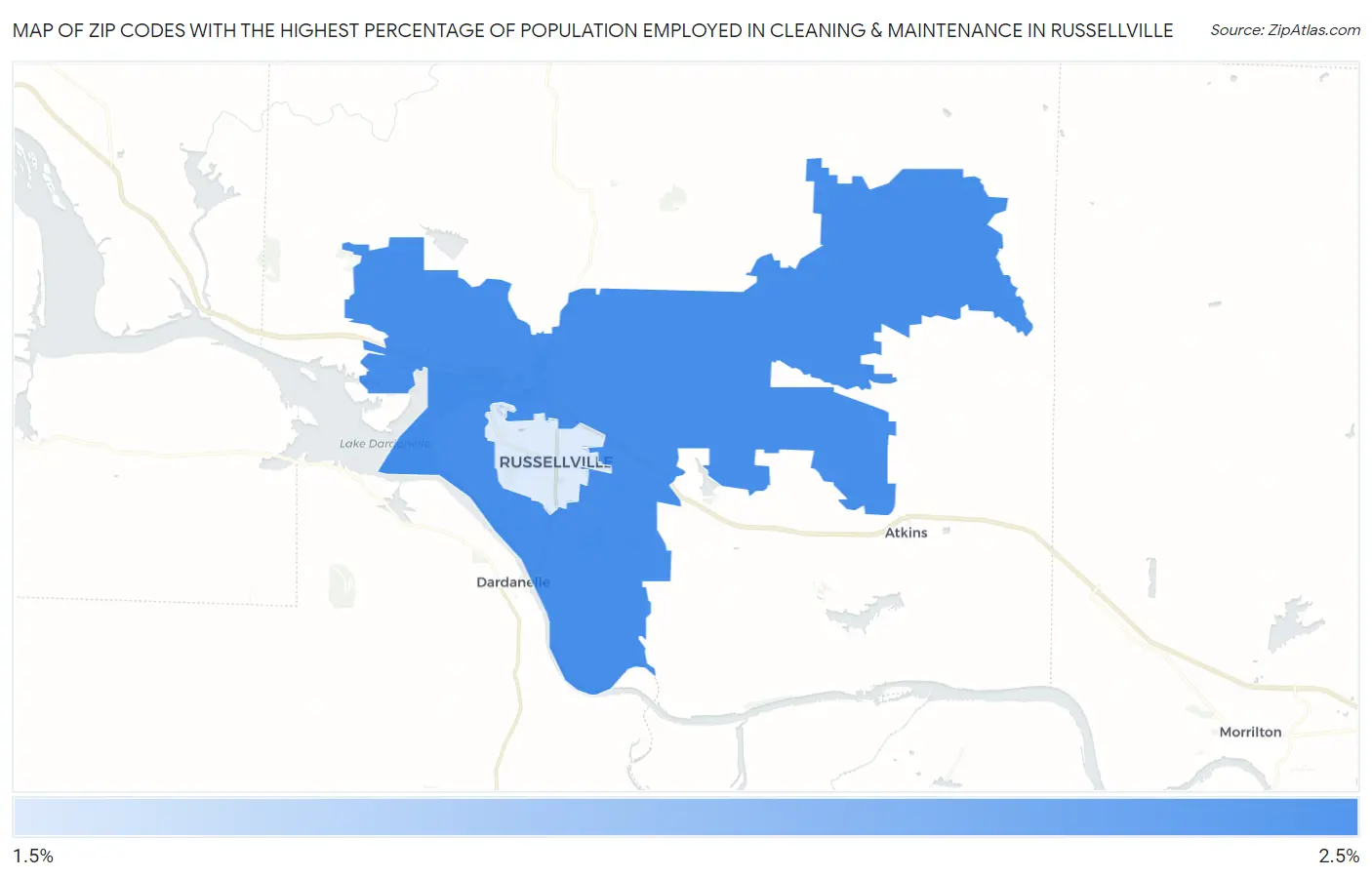 Zip Codes with the Highest Percentage of Population Employed in Cleaning & Maintenance in Russellville Map