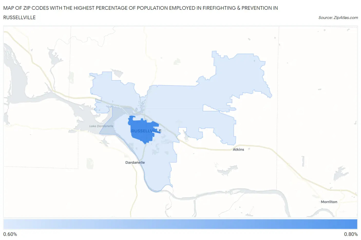 Zip Codes with the Highest Percentage of Population Employed in Firefighting & Prevention in Russellville Map