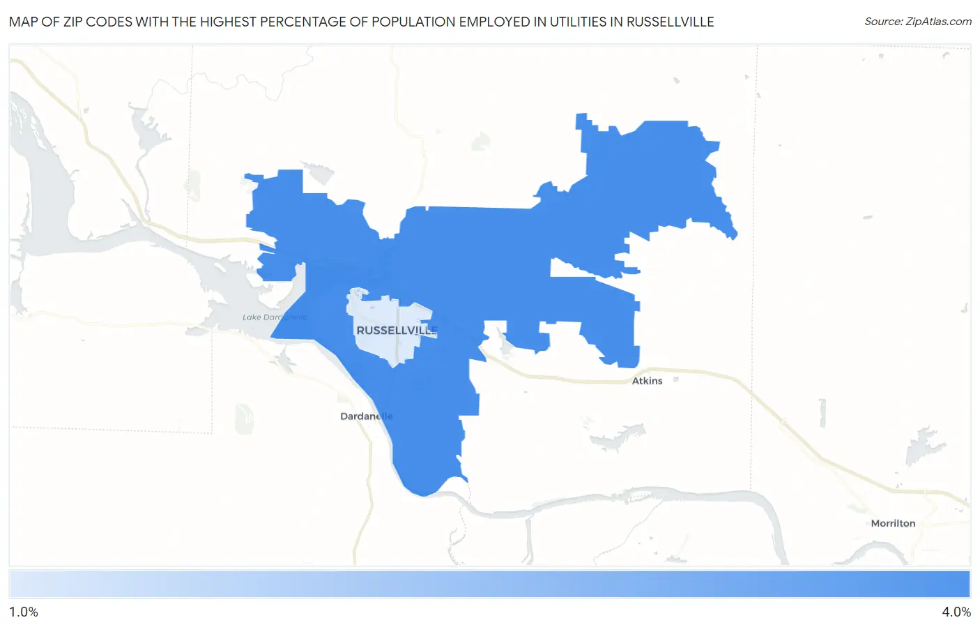 Zip Codes with the Highest Percentage of Population Employed in Utilities in Russellville Map