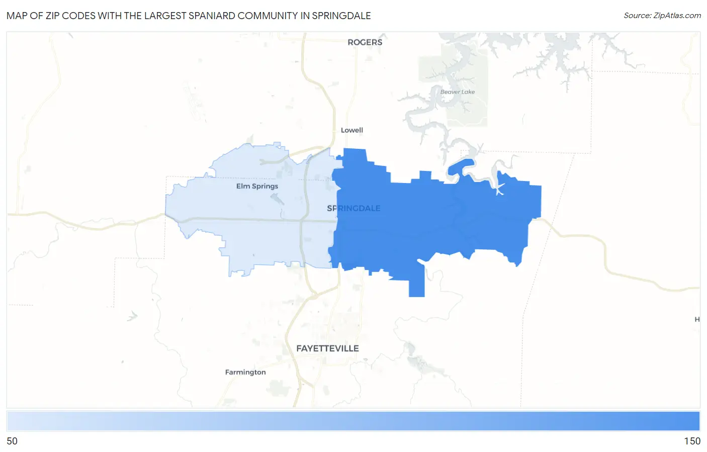 Zip Codes with the Largest Spaniard Community in Springdale Map