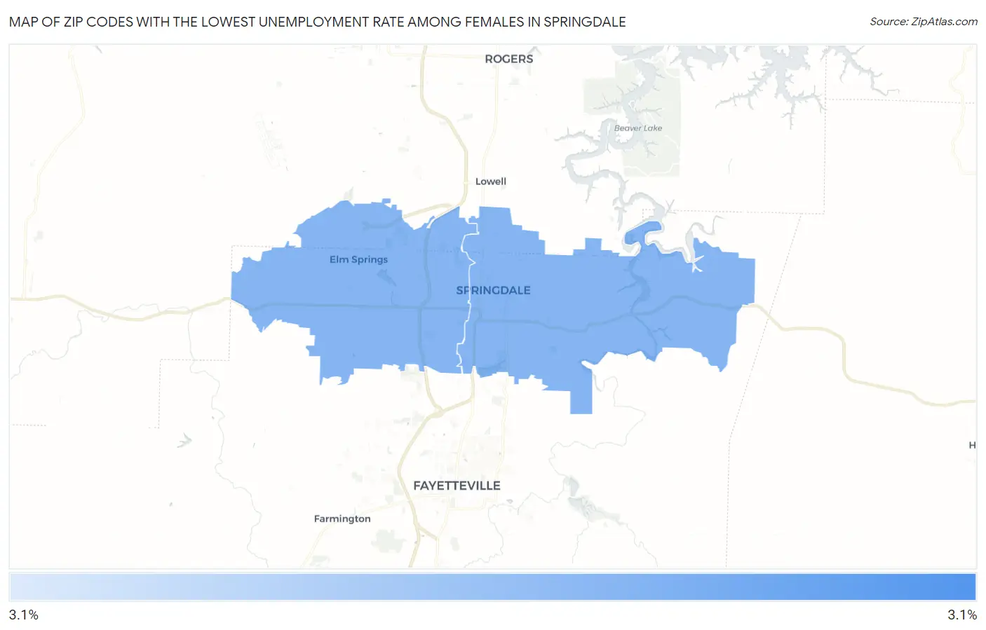 Zip Codes with the Lowest Unemployment Rate Among Females in Springdale Map