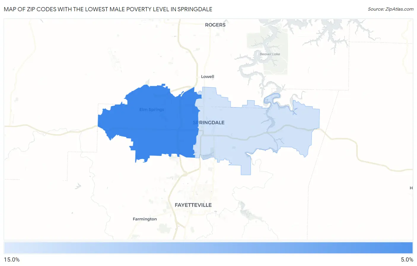 Zip Codes with the Lowest Male Poverty Level in Springdale Map