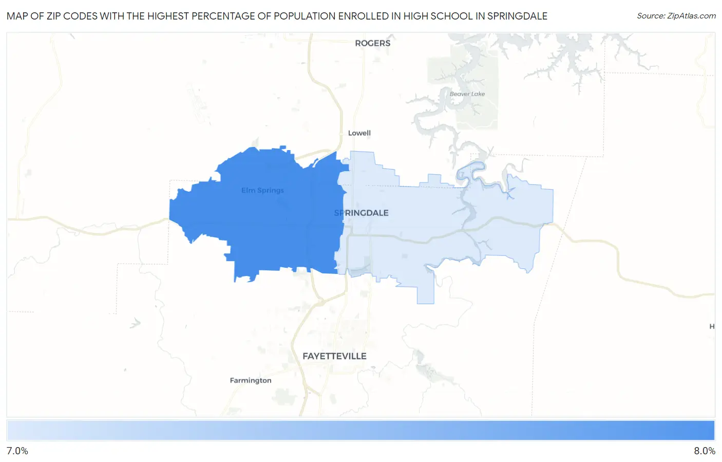 Zip Codes with the Highest Percentage of Population Enrolled in High School in Springdale Map
