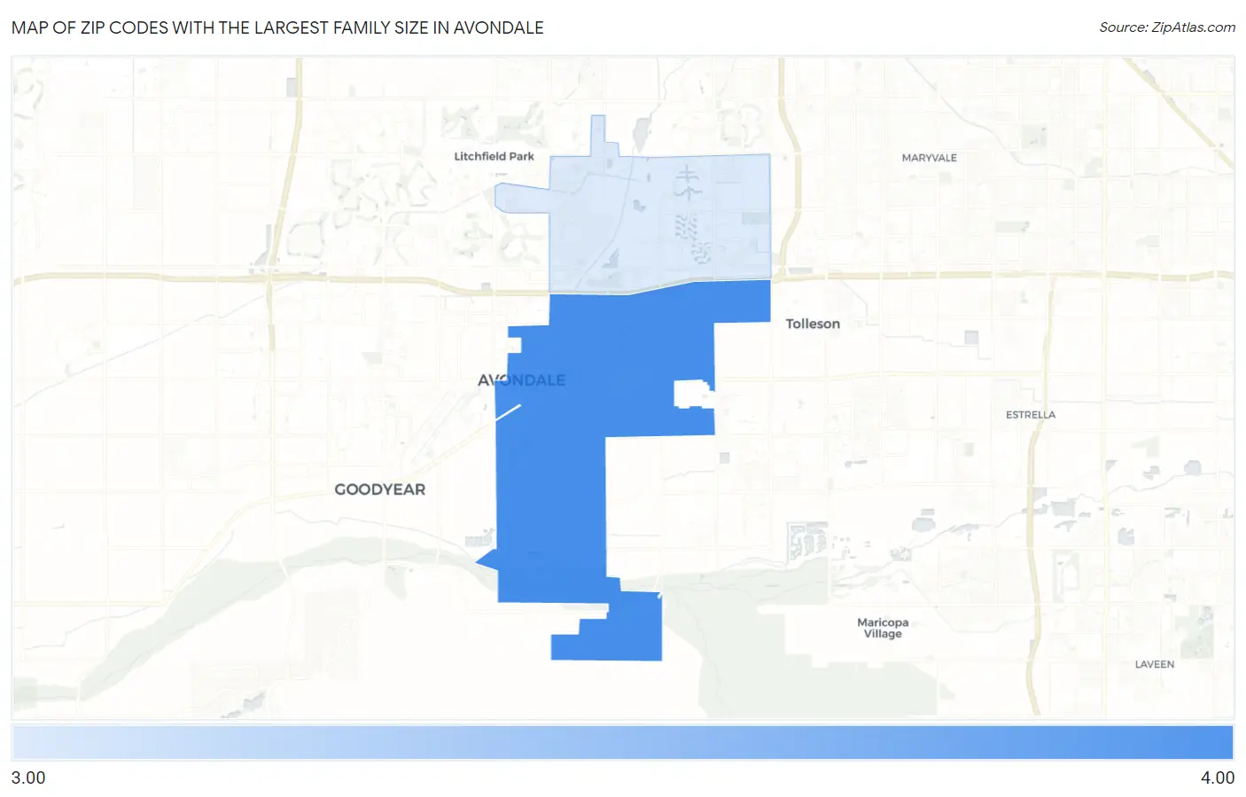Zip Codes with the Largest Family Size in Avondale Map