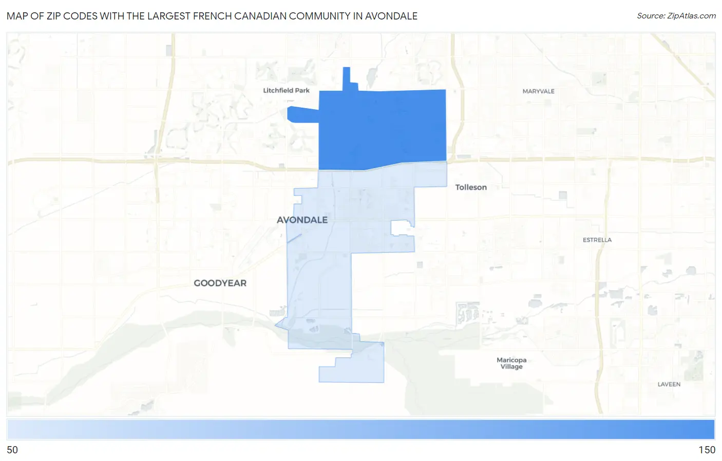 Zip Codes with the Largest French Canadian Community in Avondale Map