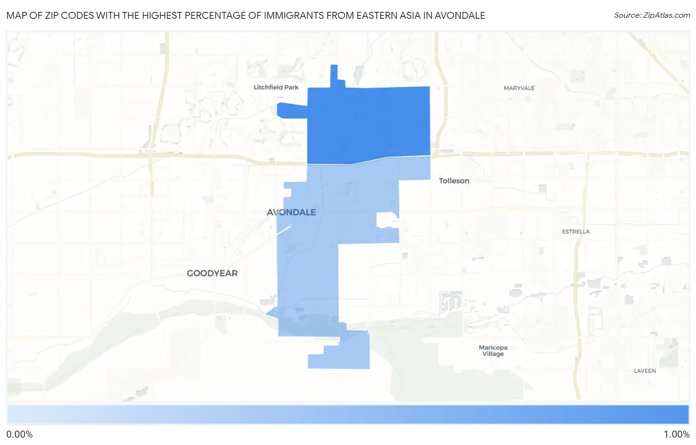 Zip Codes with the Highest Percentage of Immigrants from Eastern Asia in Avondale Map