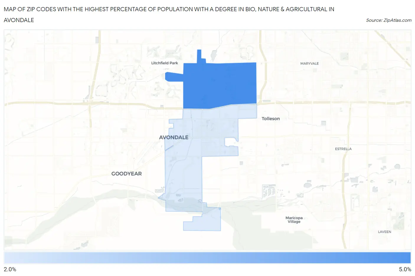 Zip Codes with the Highest Percentage of Population with a Degree in Bio, Nature & Agricultural in Avondale Map