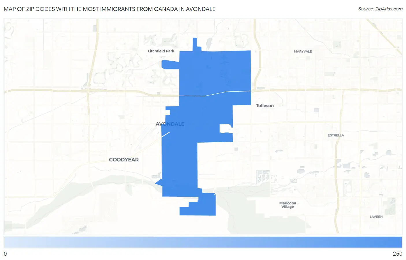Zip Codes with the Most Immigrants from Canada in Avondale Map
