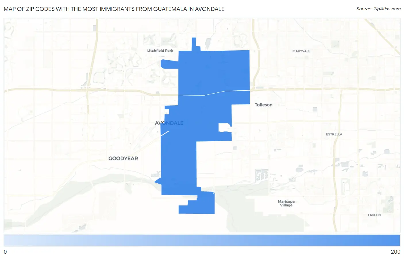 Zip Codes with the Most Immigrants from Guatemala in Avondale Map