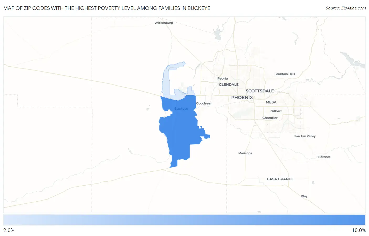 Zip Codes with the Highest Poverty Level Among Families in Buckeye Map