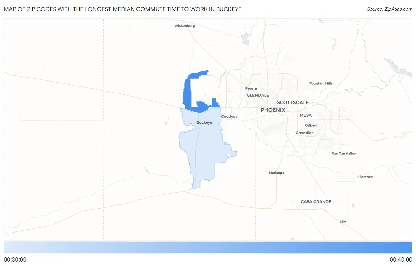 Zip Codes with the Longest Median Commute Time to Work in Buckeye Map