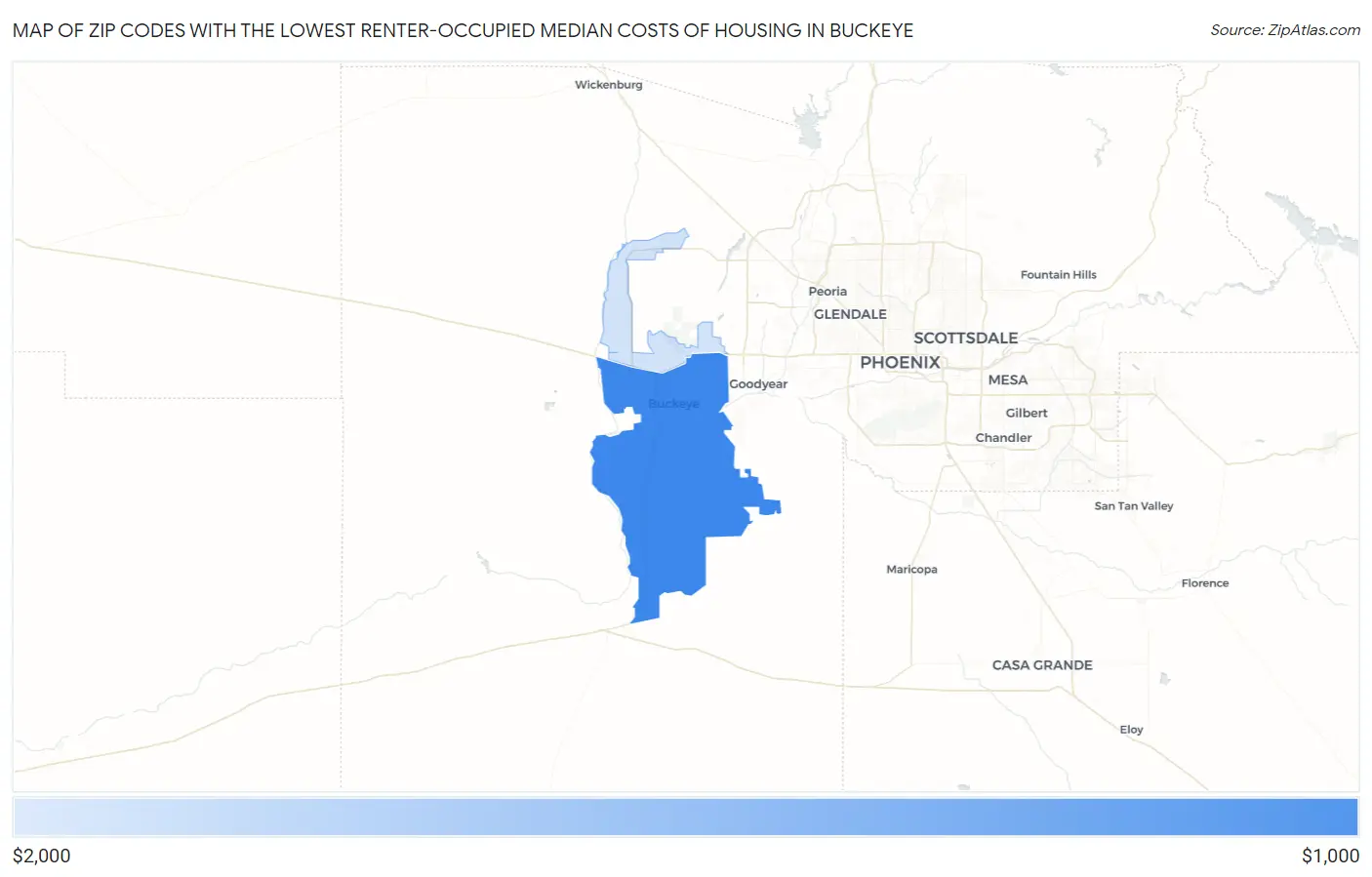 Zip Codes with the Lowest Renter-Occupied Median Costs of Housing in Buckeye Map