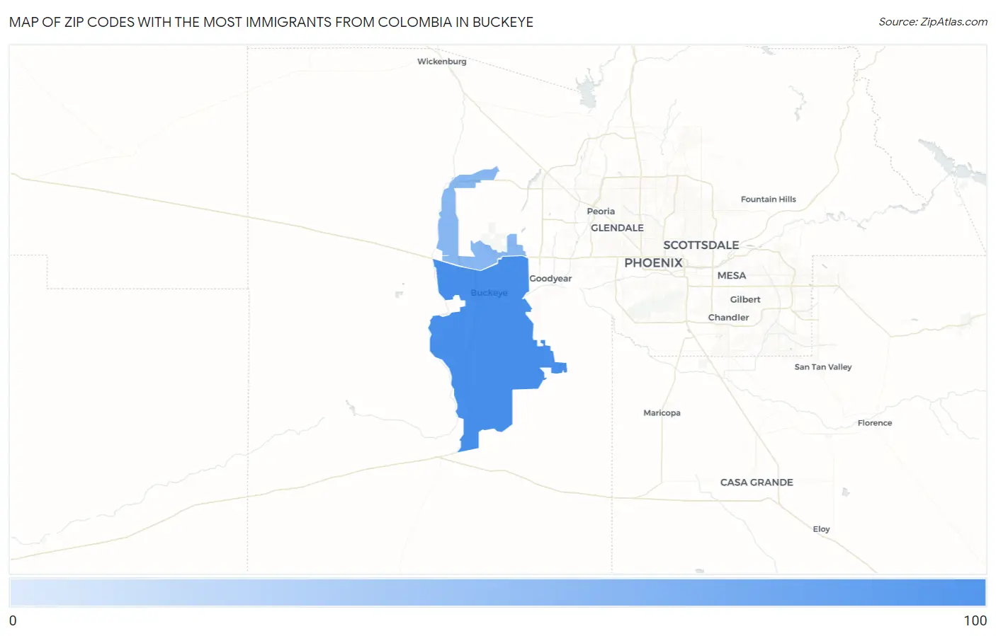 Zip Codes with the Most Immigrants from Colombia in Buckeye Map