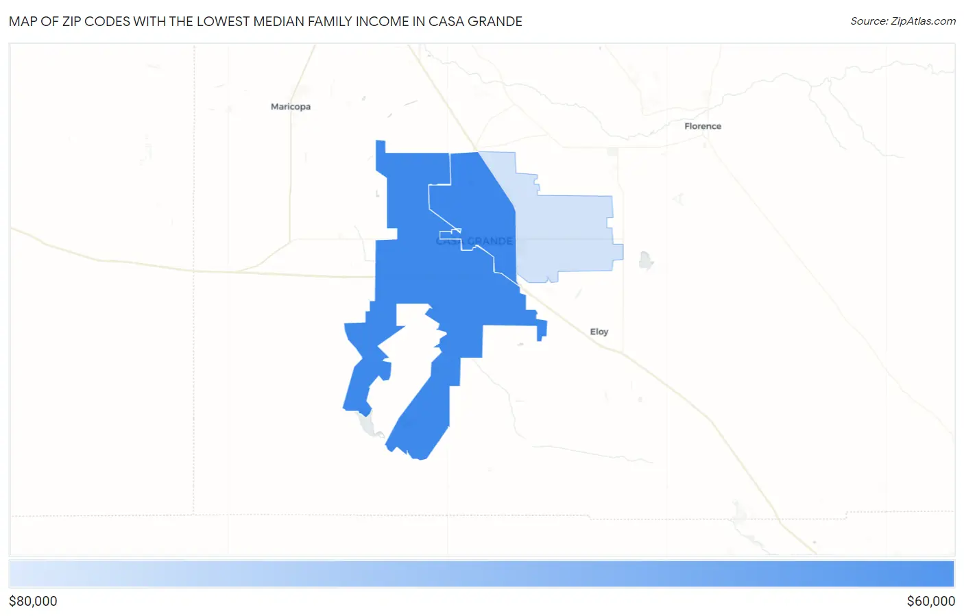 Zip Codes with the Lowest Median Family Income in Casa Grande Map