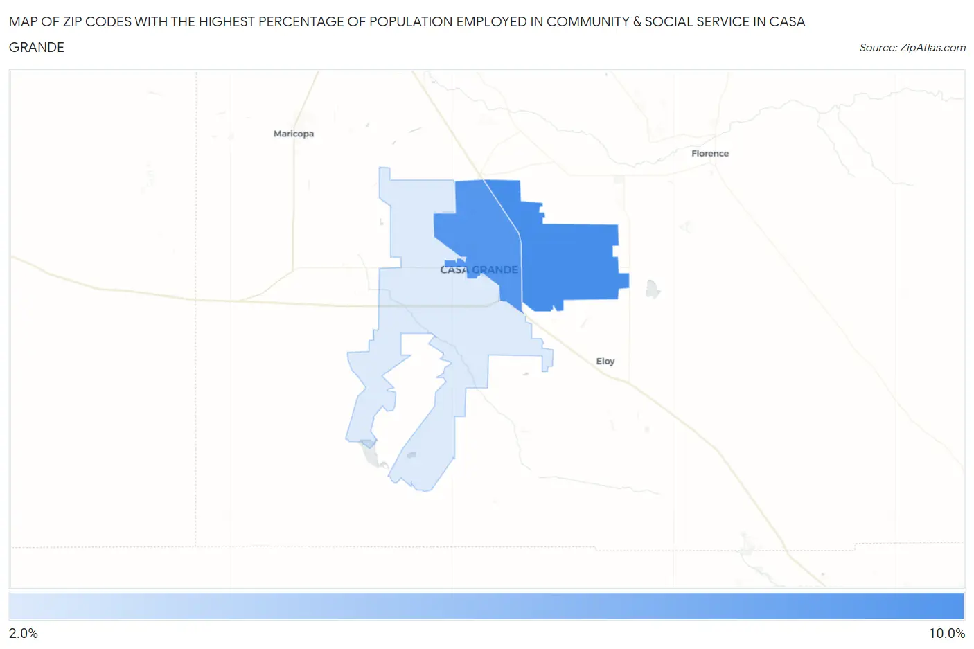 Zip Codes with the Highest Percentage of Population Employed in Community & Social Service  in Casa Grande Map
